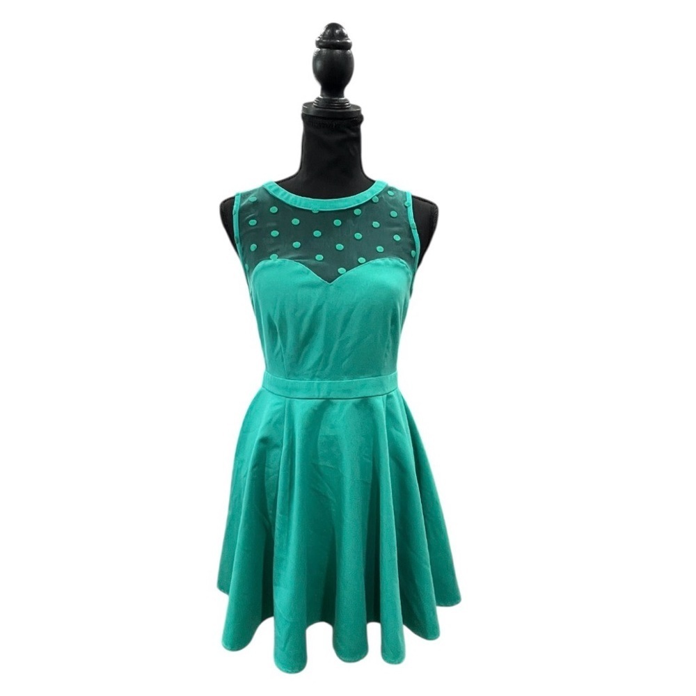 Teal Fit & Flare Dress Small Vintage Inspired Polka Dot Mesh Cocktail Party